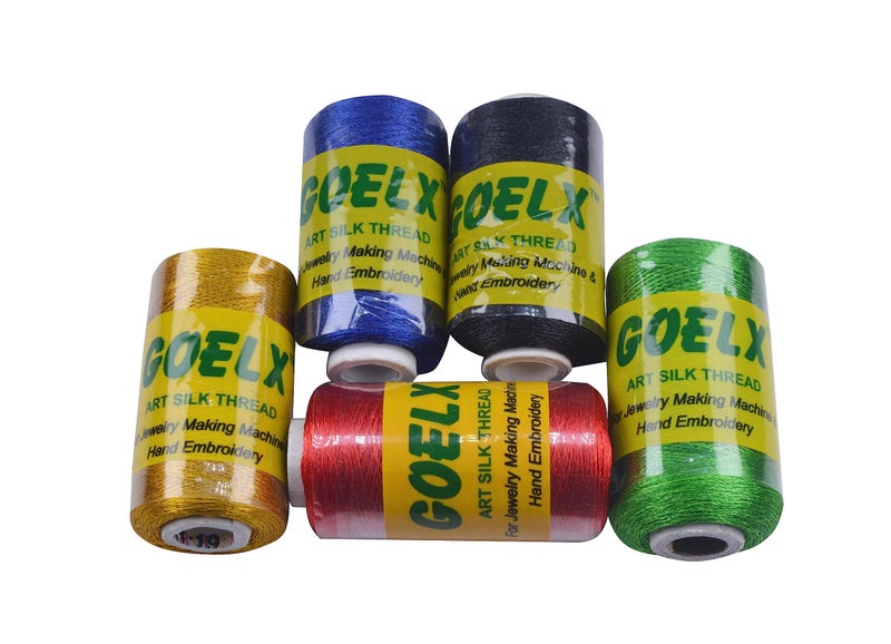 GOELX Silk Thread for Jewelery-Making 5 Spools - Black,Red,Peacock Blue,Green,Golden - Image 1